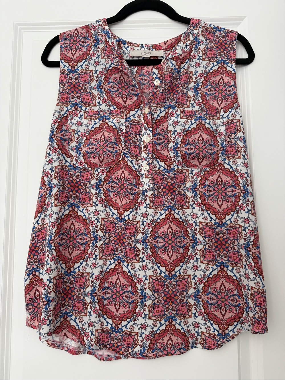 LOFT Pink Blue Geometric Sleeveless Henley Top